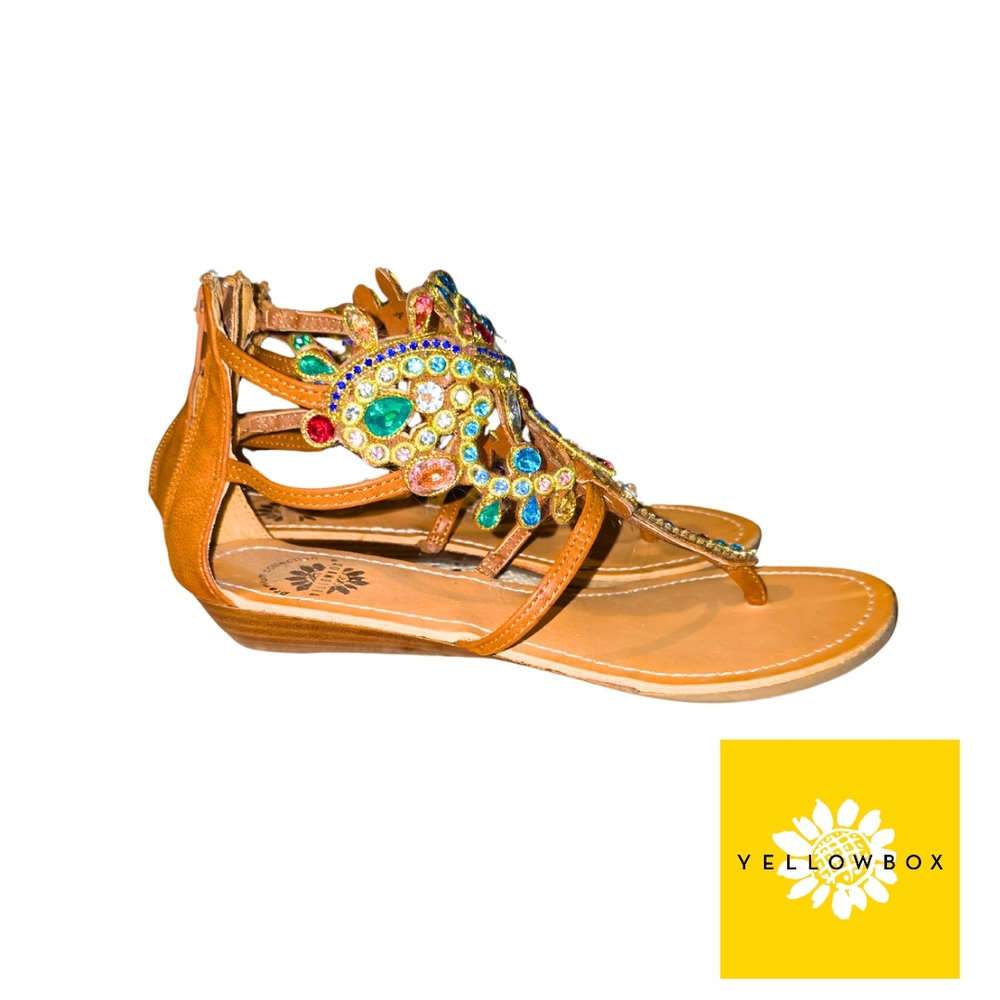 Yellow Box Tan Sandals with Colorful Rhinestone Embellishments